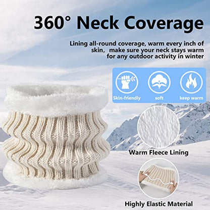3 Pcs Women Winter Knit Beanie Hat Scarf Touchscreen Gloves Set Warm Soft Thick Fleece Lined Skull Cap with Double Pom Pom - color: Beige