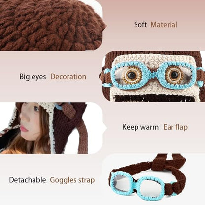 Pilot Crochet Beanie with Goggles Decoration, Knit Soft Warm Hat with Ear Flap, Knitted Winter Beanie Hat for Cosplay