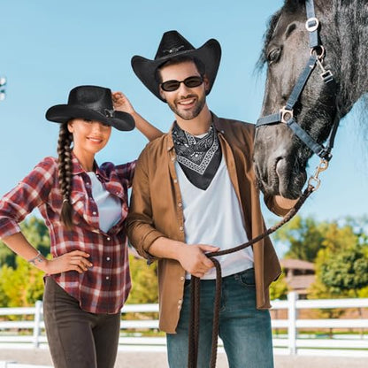 Black Straw Cowboy Hat Western with Bracelet Decorative Bands and Bandana, Hat Size Fits 22.04 to 22.83, Wide Brim, Stylish & Durable Cowboy Hat - Unisex Western Hat for All Occasions