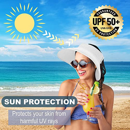 Straw Sun Visor for Women, Wide Brim UPF 50+ Protection Beach Hat, Adjustable, Roll Up Foldable Ponytail Cap with Chin Strap - color: White