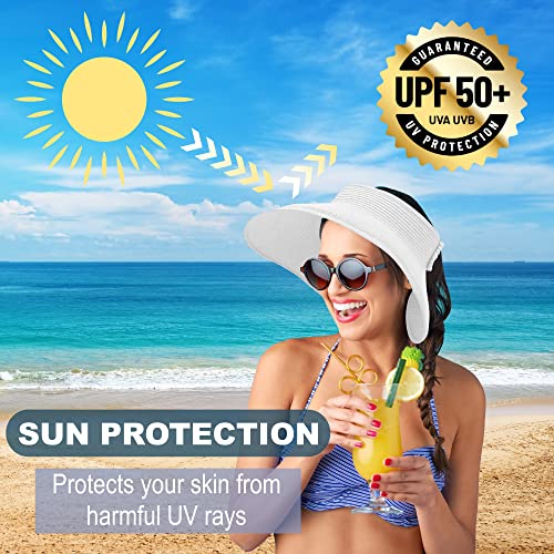 Straw Sun Visor for Women, Wide Brim UPF 50+ Protection Beach Hat, Adjustable, Roll Up Foldable Ponytail Cap with Chin Strap - color: White