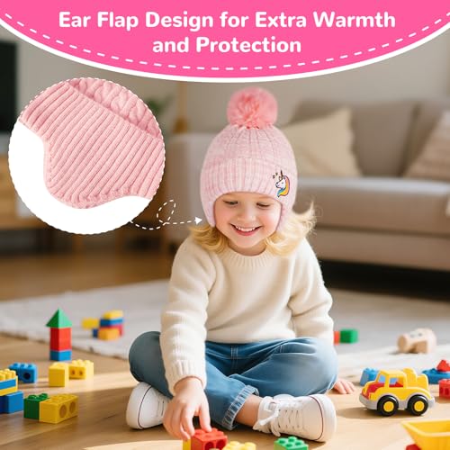 FENELY Girls Boys Winter Hat 3-12, Children's Warm Knitted Earflaps Beanie with Pom Pom Thicken Fleece Lining Cap for Kids - color: White