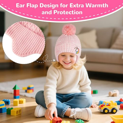 FENELY Girls Boys Winter Hat 3-12, Children's Warm Knitted Earflaps Beanie with Pom Pom Thicken Fleece Lining Cap for Kids - color: White