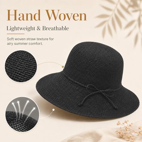 Beach Sun Hats for Women Foldable Straw Bucket Summer Hat Packable Travel - color: Black