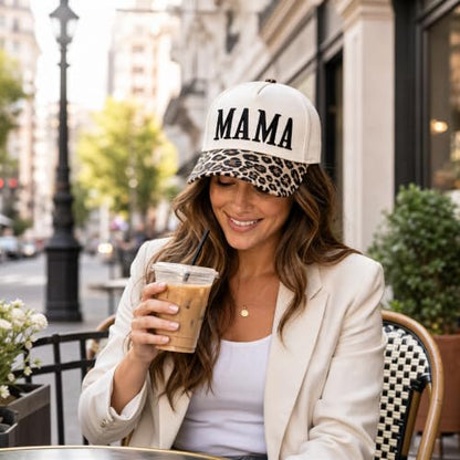 Women’s Mama Trucker Hat Trendy, Embroidered Adjustable Mom Baseball Cap, Two-Tone Ponytail Hat for Outfits - color: Leopard