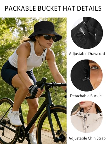 Splash-Proof Packable Bucket Hat for Men Women Lightweight Foldable Fishing Hiking Sun Hat with Adjustable Chin Strap - color: Black