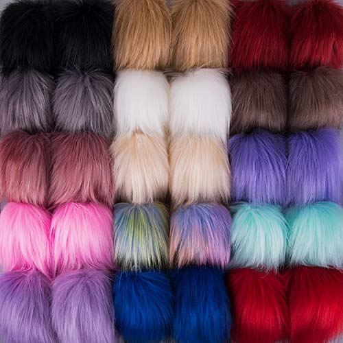 SIQUK 30 Pieces Faux Fur Pom Pom for Hats with Elastic Loop - color: Bright Color