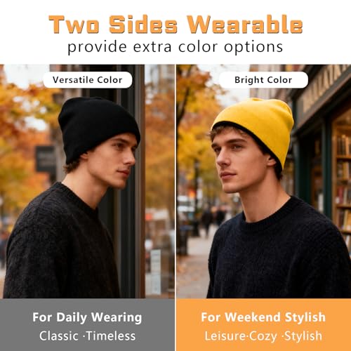 ZOORON Reversible Skull Caps for Men Women Reversible Beanie with -Double Side Warm Winter Fisherman Beanie - color: A-2pack-grey/Orange+black/Yellow