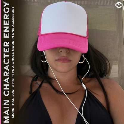 Funky Junque Blank Mesh Foam Lightweight Snapback Trucker Hat - color: White/Hot Pink