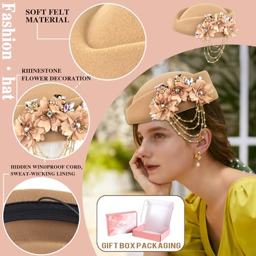 Women's Retro Stewardess Felt Hat, British Berets, Rhinestone Flower Decor, Ladies' Church Derby Hat - color: Tassel Style-khaki