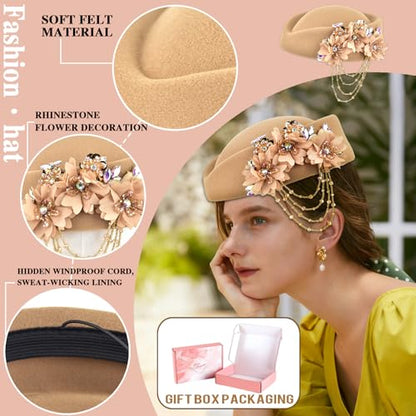 Women's Retro Stewardess Felt Hat, British Berets, Rhinestone Flower Decor, Ladies' Church Derby Hat - color: Tassel Style-khaki