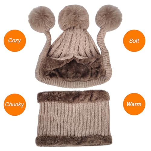 HUAMULAN Women Winter Knit Beanie Hat Circle Scarf Set Pompoms Ear Flaps - color: Khaki Solid
