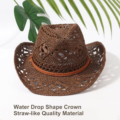 AQOKKA Straw Cowboy Hats for Women Men Western Cowgirl Hats with Shapeable Brim Woven Hollow Out Unisex Beach Roll Up Caps - color: Coffee a