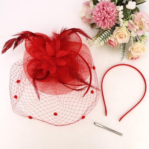 Semato Fascinators Hats for Women Mesh Feathers Elegant Red Tea Party Kentucky Hat Derby Headband with Hair Clip - color: Red