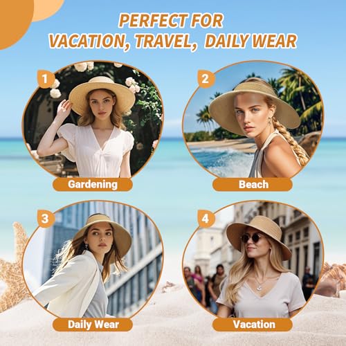 Sun Hats for Women Wide Brim Straw Sun Visors Ponytail Hat - color: Coffee Mix