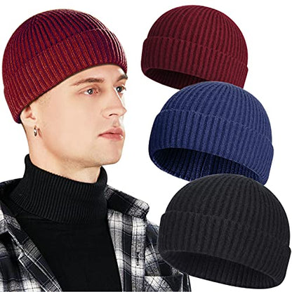 3 Pack Wool Fisherman Beanies for Men, Short Knit Watch Cap Cuffed Hats - color: F-black, Navy, Wine Red