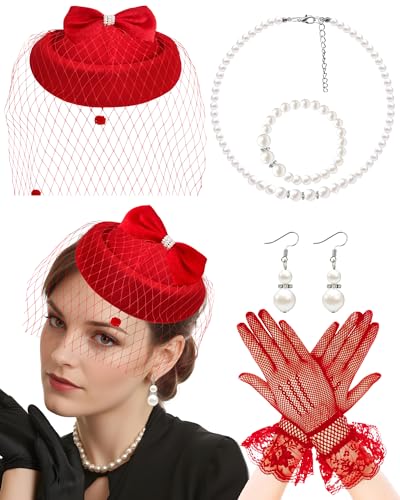 Pillbox Hat with Veil Vintage Fascinators for Women Tea Party Bridal Wedding Halloween First Communion Hats - color: Zz-red Set