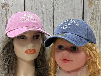 Embroidered Captain & First Mate Baseball Caps Set for Men Women - color: Captain (Pink) - Toddler First Mate (Navy)