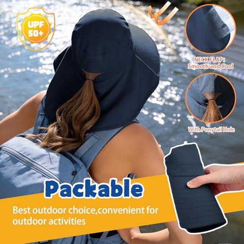 Ruqizhi Sun Hats for Women with Neck Flap Ponytail Hole Women Sun Hats Rollable UV Protection Fishing Hats Wide Brim UPF 50+ - color: Navy
