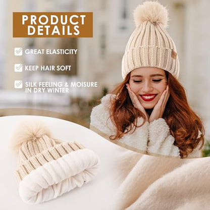 Womens Winter Beanie Hat Fleece Lined Warm Skull Cap with Faux Fur Pom Cuff Knitted Hat for Women - color: White