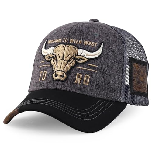 Trendy Apparel Shop Bull Embroidered Western Snapback Trucker Cap - color: Charcoal Black 2