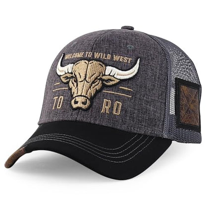 Trendy Apparel Shop Bull Embroidered Western Snapback Trucker Cap - color: Charcoal Black 2