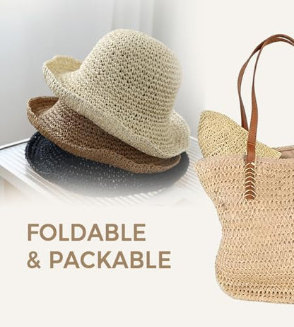 Straw Beach Hats for Women Summer Wide Brim Floppy Packable Foldable Bucket Sun Hat Travel Vacation UV Protection - color: Beige