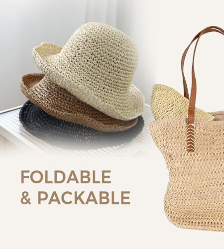 Straw Beach Hats for Women Summer Wide Brim Floppy Packable Foldable Bucket Sun Hat Travel Vacation UV Protection - color: Black