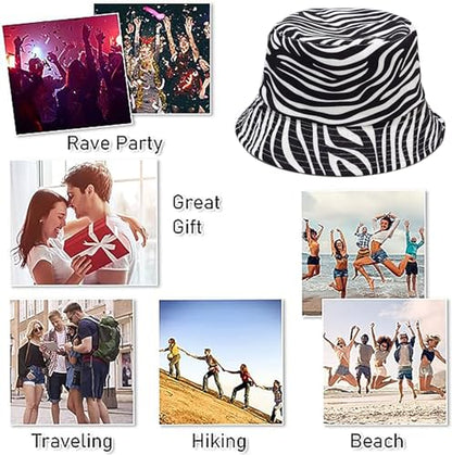 Joylife Animal Print Bucket Hat Novelty Pattern Sun Hats Reversible Packable Fishing Cap for Women, Men - color: Zebra Print, White Stripe Black Hat
