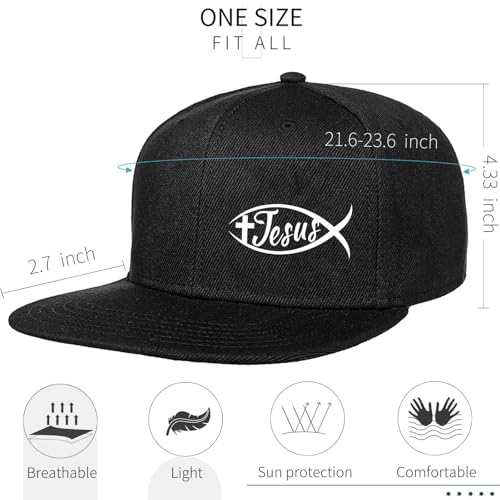 Flat Bill Hats for Men Black Snapback Hats for Men Adjustable Baseball Cap Fitted Cool Hip Hop Hat - color: Jesus Fish