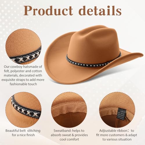 Chicingyou 2 Pcs Western Cowboy Hats for Women and Men Classic Wide Brim Felt Hats for Cowboys and Cowgirls Accessories - color: Black, Camel