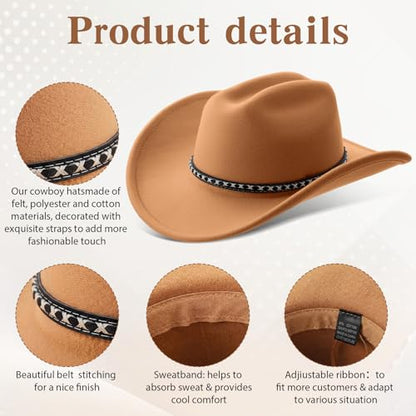 Chicingyou 2 Pcs Western Cowboy Hats for Women and Men Classic Wide Brim Felt Hats for Cowboys and Cowgirls Accessories - color: Black, Camel
