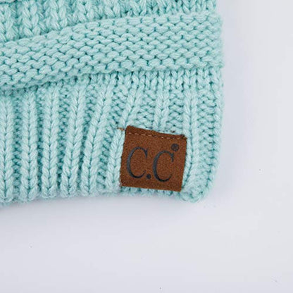 C.C Fur Pom Winter Fall Trendy Chunky Stretchy Cable Knit Beanie Hat - color: Solid Mint