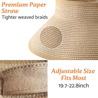 NPQQUAN Sun Visor Hats for Women Wide Brim Ponytail Straw Beach Hat - color: (Khaki))