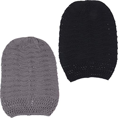 BYOS Women's Airy Cool Lightweight Cutout Long Slouchy Crochet Knit Beanie Hat - color: 2 Pack-wavy Line Charcoal Gray & Bk