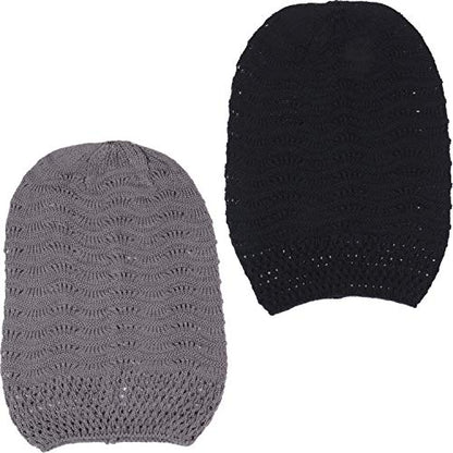 BYOS Women's Airy Cool Lightweight Cutout Long Slouchy Crochet Knit Beanie Hat - color: 2 Pack-wavy Line Charcoal Gray & Bk