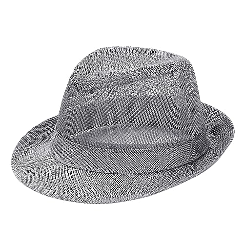 Men Straw Fedoras Summer Trilby Hat Vintage Mesh Panama Sun Hat Short Brim Beach Travel Hat British Jazz Hat Outdoor Bucket - color: Mesh Gray