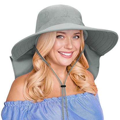 Tirrina Women's Sun Hat Wide Brim, UV Protection Sun Hats for Women - color: Grey W/ Floral Ribbon