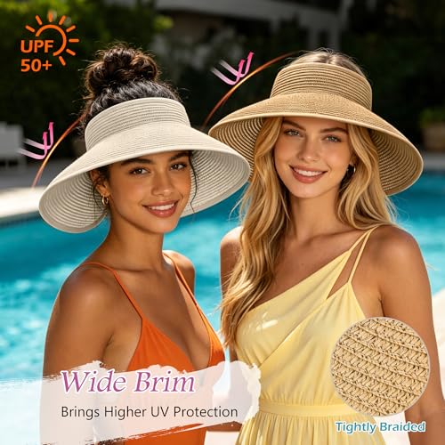 3 Pack Women's Straw Sun Visor Hat,Outdoor Wide Brim UV Protection Foldable,Adjustable Packable Ponytail Summer Sun Hat - color: Khaki＆beige＆black