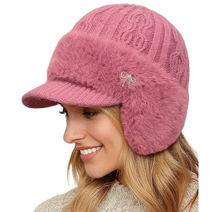 Winter Trapper Beanie Hats for Women Men, Fleece Lined Knit Hat with Brim Ear Flaps, Ear Warmers Cold Cap - color: Rose Red