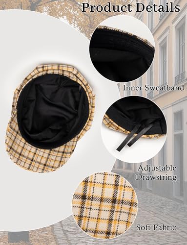FEOYA Women Newsboy Hat Plaid Cabbie Caps Cotton Casual Stylish Beret Cap Paperboy Hats - color: Plaid-khaki