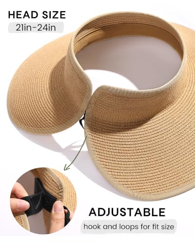 FURTALK Sun Hats for Women Wide Brim Ponytail Straw Visor Foldable Beach - color: Khaki+black+beige With Black