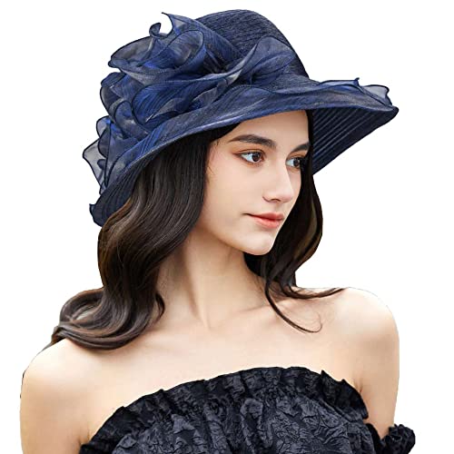Organza Kentucky Fascinator Hat for Women - Derby Cocktail Tea Party Sun Hat Wedding Bridal Flower Church Hat Packable - color: Dark Navy