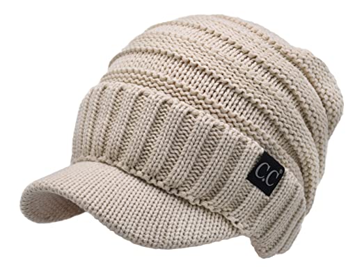 C.C Trendy Warm Oversized Chunky Soft Oversized Ribbed Slouchy Knit Hat with Visor Brim - color: Beige
