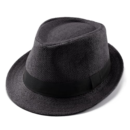 Straw Fedora Hats for Men Women, 1920s Short Brim Trilby Panama Hat Summer Beach Sun Cap - color: Black
