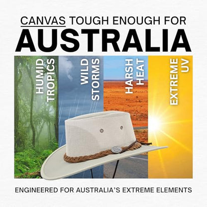 1048 Canvas Cooler - Australian Drover Sun Hat - Durable Canvas, Airflow Mesh, Lightweight, Wide Brim - color: Khaki, size: Small