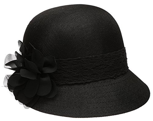 Women's Gatsby Linen Cloche Hat with Lace Band and Flower - color: Black