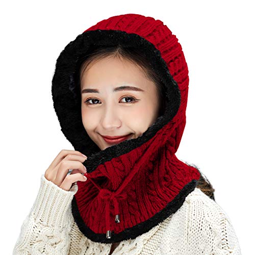 HUAMULAN Women Winter Knit Balaclava Fleece Lined Hooded Beanie Hats - color: Red, size: One Size