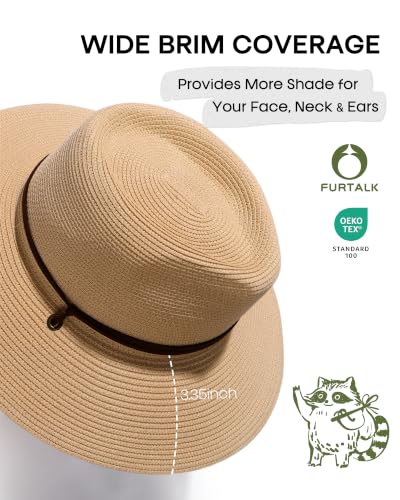 FURTALK Sun Hat Panama Fedora Straw Beach Hat with Wind Lanyard UPF - color: Khaki, size: Large-X-Large