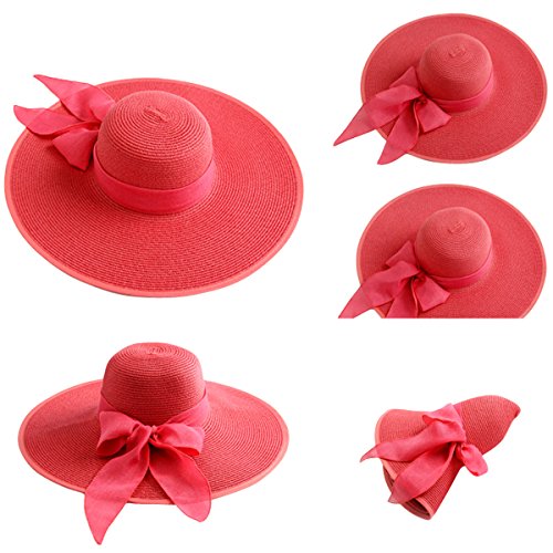 Lanzom Womens 5.7 Inches Big Bowknot Straw Hat Large Floppy Foldable Roll up Beach Cap Sun Hat UPF 50+ - color: Red